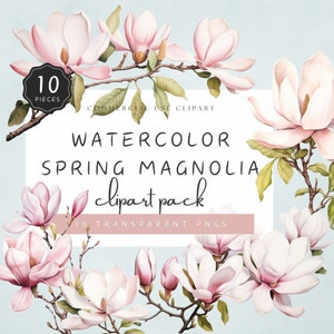 Magnolia Clipart Watercolor, Spring Tulip Tree, Pink Magnolia Flower Branches, Aquarel Illustration, Commercial Use | UC003
