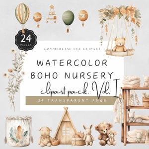 Boho Baby Nursery Clipart Neutral Baby Beige Green Bohemian Theme Cute Watercolor Illustrations PNG Commercial Use | UC020