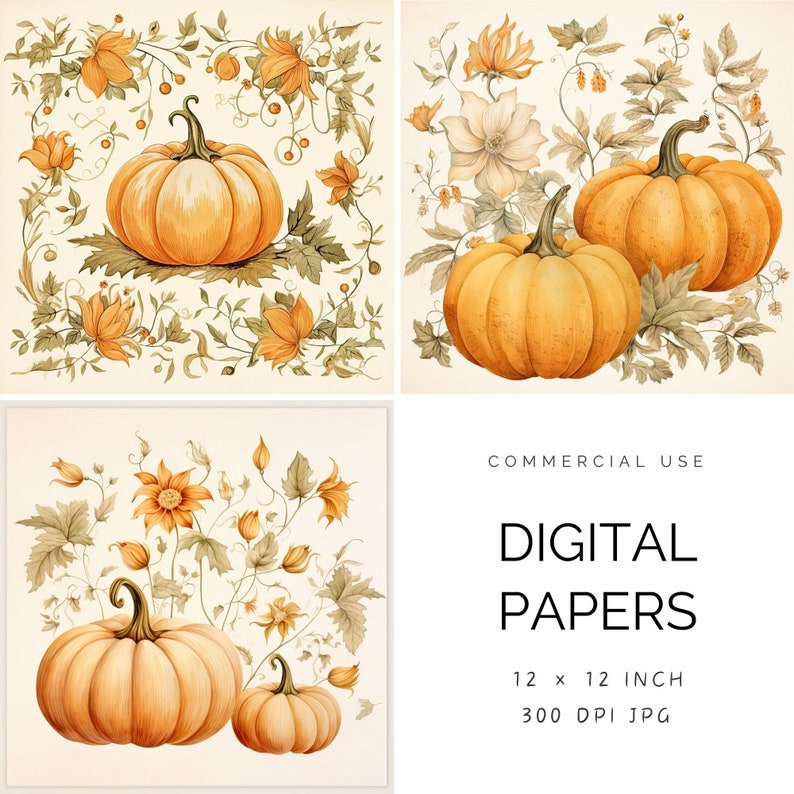 Fall Pumpkin Digital Paper, Vintage Watercolor Toile Inspired Autumn ...