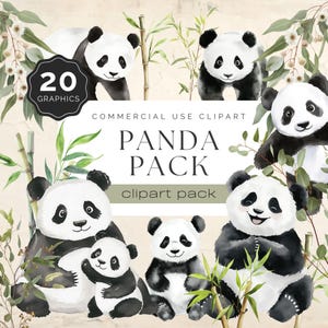 Panda Clipart, Cute Bear Black and White, Transparent Background Panda Baby, Nursery Rhyme, 20 PNG Graphics for Crafts and Commerce | UC004