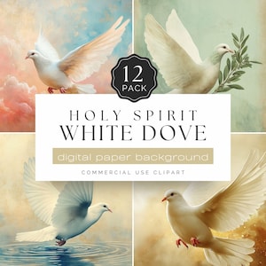 Holy Spirit White Dove Digital Paper, 12 Peaceful Watercolor Dove Backgrounds, Baptism, Confirmation, Pentecoste | UC402
