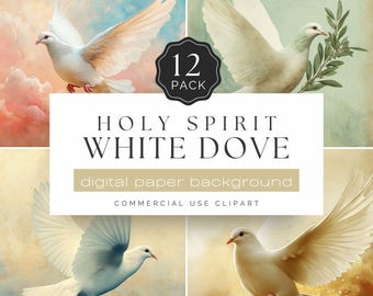 Holy Spirit White Dove Digital Paper, 12 Peaceful Watercolor Dove Backgrounds, Baptism, Confirmation, Pentecoste | UC402