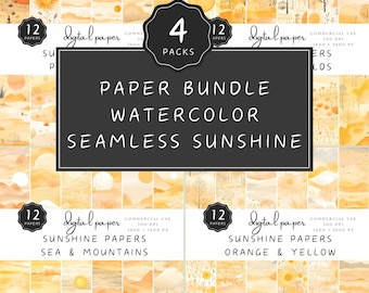 Pacote de Papel Digital Aquarela Sol, Padrão Sem Costura, Fundo Laranja, Amanhecer, Pôr do Sol, para Artesãos e Artistas de Papel | UC301