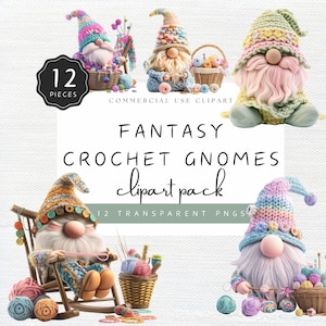 Crochet Gnome Clipart, Pastel Colors Gnome PNG, Balls of Yarn and Crochet Supplies in Basket, Commercial Use | UC207