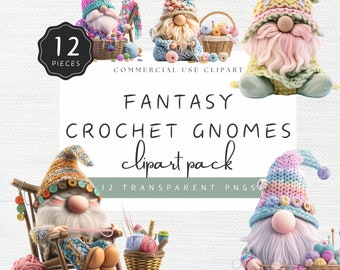 Crochet Gnome Clipart, Pastel Colors Gnome PNG, Balls of Yarn and Crochet Supplies in Basket, Commercial Use | UC207