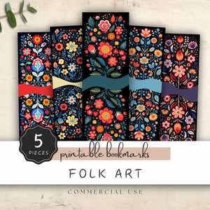 Może przedstawiać: Zestaw pięciu drukowanych zakładek z folkowym wzorem z kolorowymi kwiatami na czarnym tle. Tekst "5 sztuk drukowanych zakładek FOLK ART UŻYTKOWANIE KOMERCYJNE" jest wliczony w cenę.