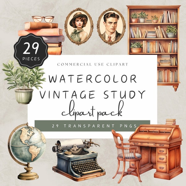 Vintage Study Clipart Watercolor Bundle with Oak Wood Desk Bookcase 19th Century Elements and Old Fashioned Portraits | UC022