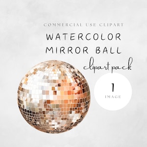 May include: Watercolor illustration of a gold mirror ball. The image is part of a clipart pack with one image.