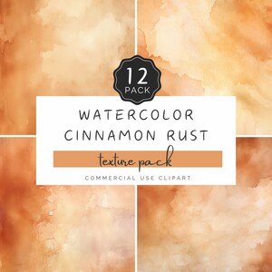 Puede incluir: Un paquete de arte digital con 12 texturas de acuarela en tonos canela y óxido. La imagen incluye un rectángulo blanco con el texto "Watercolor Cinnamon Rust texture pack" y una insignia circular negra que dice "12 pack".