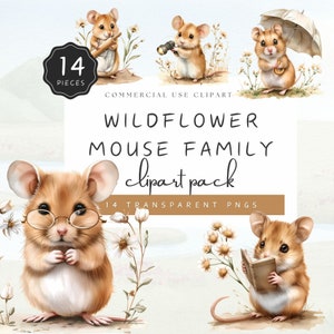 Mouse and Flower Clipart Family, Watercolor Wildflowers Field Mouse Characters, Illustrative, Cute Baby Mice Art | UC004