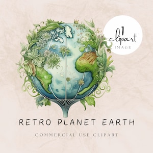 Clipart retrò della Giornata della Terra per uso commerciale, Illustrazione PNG del mondo blu e verde, Tendenza POD su maglietta o Invito a una festa ambientale / UC003