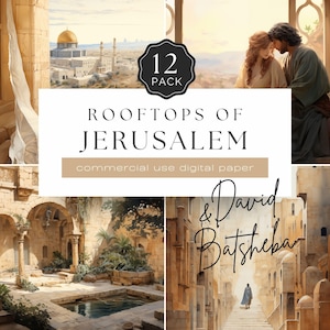 以下が含まれることがあります： 「Rooftops of Jerusalem」と題されたデジタルペーパーパック。エルサレムのシーンのイラストが特徴です。このパックには12のデザインが含まれており、建築物や聖書の人物の画像が含まれています。「commercial use digital paper」という言葉も含まれています。