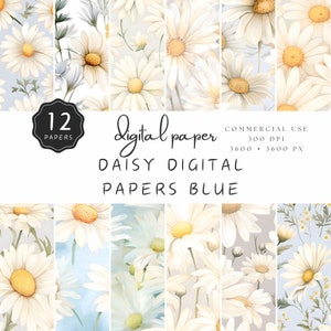 Gänseblümchen-Digitalpapier, Aquarell-Gänseblümchen mit blauem Hintergrund, cremefarbenes nahtloses Blumenmuster, großer Digitaldruck, kommerzielle Nutzung | UC301