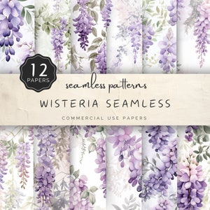 Pode incluir: Doze padrões de papel digital sem costura com flores de glicínia em aquarela em tons de roxo, rosa e verde sobre um fundo branco. O texto "Wisteria Seamless" e "Commercial Use Papers" é exibido em uma faixa marrom.