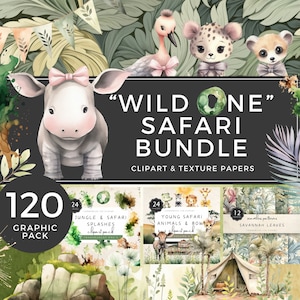 Wild One Safari Clipart Bundle, Cute Animals with Bows, Watercolor Jungle Green and Savannah Brown Papers, for Digital Creators | UC022