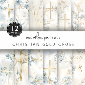 Modello senza cuciture croce d'oro cristiana, rametto acquerello blu, sfondo struttura in marmo per stazionario, sito Web o artigianato stampabile / UC301