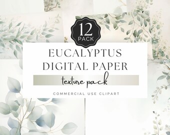 Könnte beinhalten: Ein digitales Papierpaket mit 12 Aquarellmustern von Eukalyptusblättern. Das Paket ist mit "Eucalyptus Digital Paper Texture Pack" und "Commercial Use Clipart" beschriftet.