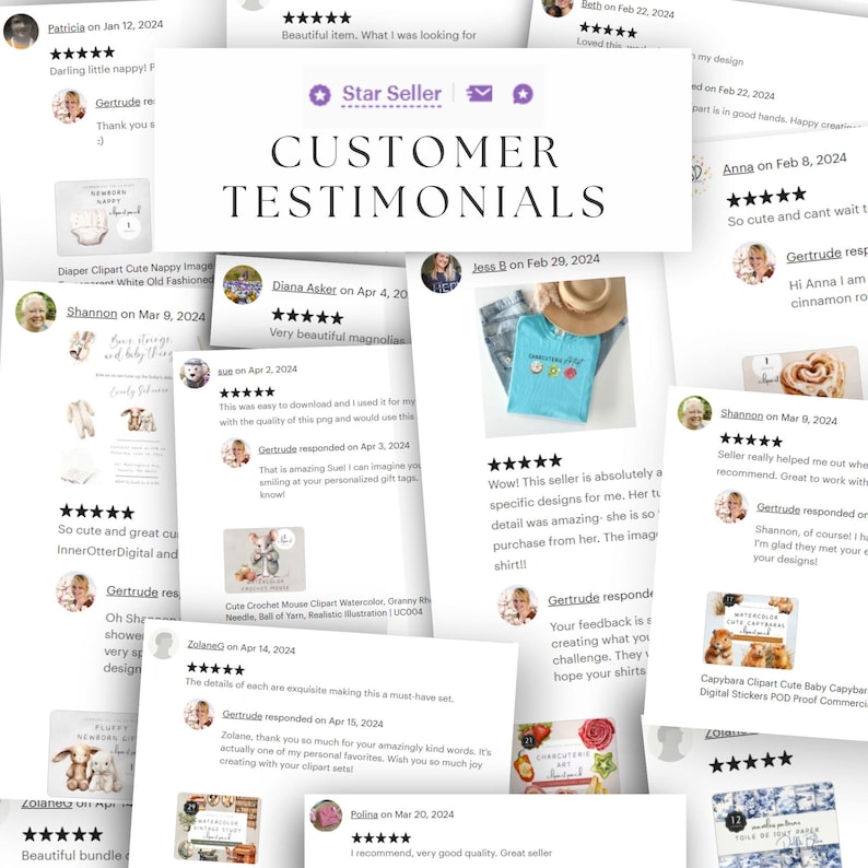 May include: A collage of customer testimonials, featuring various product images and reviews. The central text reads "CUSTOMER TESTIMONIALS" with a "Star Seller" badge. Reviews include star ratings and customer comments, showcasing positive feedback.