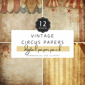 Könnte beinhalten: Ein digitales Papierpaket mit 12 Vintage-Papieren zum Thema Zirkus. Die Papiere zeigen verschiedene Designs, darunter Streifen, Sterne und Zirkuszelte. Der Text "12 PACK", "Vintage Circus Papers" und "digital paper pack" ist auf dem Bild sichtbar. Der Text "COMMERCIAL USE CLIPART" ist ebenfalls sichtbar.