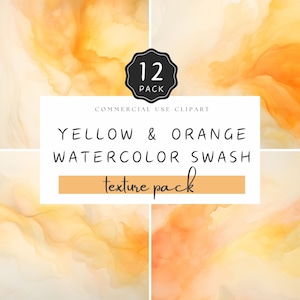May include: A set of 12 digital watercolor swashes in yellow and orange tones. The text "COMMERCIAL USE CLIPART" and "YELLOW & ORANGE WATERCOLOR SWASH texture pack" is displayed on a white background.