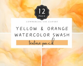 Peut inclure: Un ensemble de 12 éclaboussures d'aquarelle numériques dans des tons jaunes et orange. Le texte "COMMERCIAL USE CLIPART" et "YELLOW & ORANGE WATERCOLOR SWASH texture pack" est affiché sur un fond blanc.