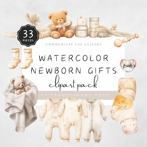 Neutral Baby Clipart Gift Set White Gender Neutral Newborn Clipart Images Cradle Onesie Pacifier Toy Diaper Socks | UC020