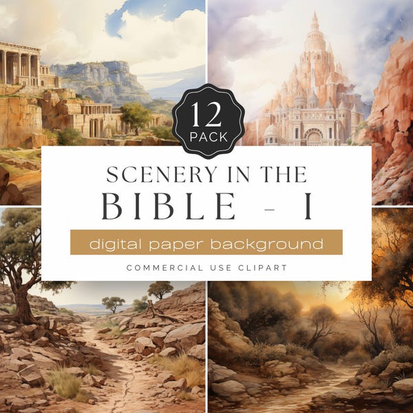 Bible Scenery Digital Paper, Ancient Holy Land Clipart, Biblical Landscape Backgrounds, Christian Printable Journal Pack | UC302