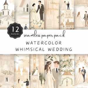 Pacote de papel digital de casamento caprichoso, 12 azulejos de padrão sem costura JPG de noiva e noivo, creme neutro aquarela | UC301