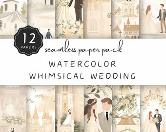 Whimsical Wedding Digital Paper Pack, 12 Bride and Groom JPG Seamless Pattern Tiles, Watercolor Neutral Cream | UC301