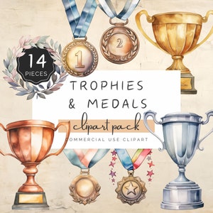 May include: A set of 14 watercolor clipart images of trophies and medals. The set includes gold, silver, and bronze trophies and medals with ribbons. The clipart is perfect for adding a touch of fun and whimsy to your projects.