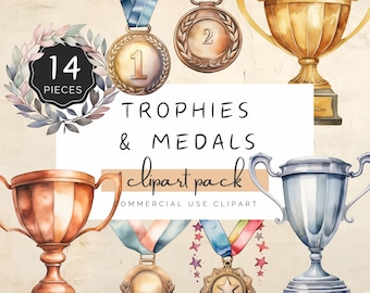 Sporttrophäen und Medaillen Clipart-Paket, Aquarell Lauralkranz für Siegerteam, Gold, 14 PNG-Grafiken für Craft Sublimation DTF | UC008