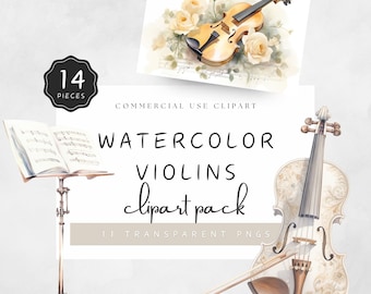 May include: A set of 14 watercolour violin clipart images. The clipart includes two violins, one with a white and gold design and one with a brown finish, and a music stand with sheet music. The text "WATERCOLOR VIOLINS clipart pack 11 TRANSPARENT PNGS" is included in the image.
