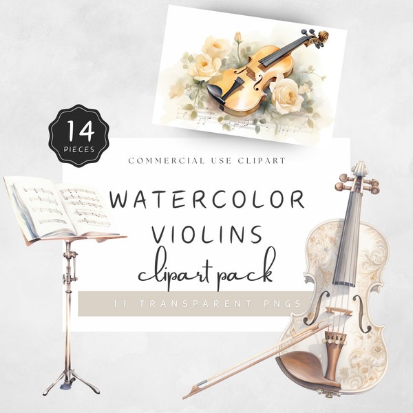 Violin Clipart Watercolor Antique Decorative Violin and Bow Music Stand Composition with Flowers Junk Journal Music Sheets | UC002