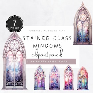 Stained Glass Windows Gothic Arch Clipart Watercolor Style Realistic Colorful Rainbow Sunlight Glass Windows | UC209