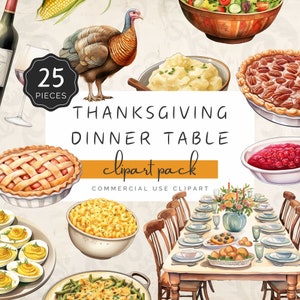 Imágenes prediseñadas de la mesa de la cena de Acción de Gracias, familia en acuarela con pavo asado, puré de papas, salsa de arándanos, 25 gráficos PNG para invitación / UC005