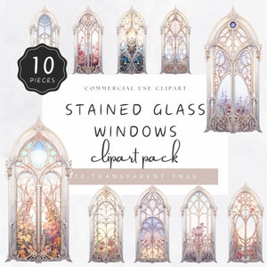 Könnte beinhalten: Ein Set mit 10 digitalen Clipart-Bildern von Buntglasfenstern. Die Fenster sind im gotischen Stil gehalten und weisen komplizierte Designs mit floralen und geometrischen Mustern auf. Die Fenster sind im Aquarellstil gezeichnet und haben eine weiche, verträumte Ästhetik. Die Bilder sind transparente PNG-Dateien und eignen sich perfekt, um Ihren digitalen Projekten einen Hauch von Eleganz und Verspieltheit zu verleihen.