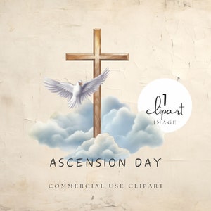 Clipart de l'Ascension, croix aquarelle dans les nuages avec colombe, glorification de Jésus au ciel, pour création numérique et impression | UC012