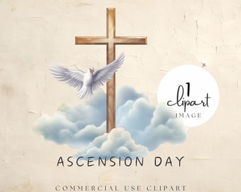 Clipart del giorno dell'Ascensione, Croce ad acquerello tra nuvole con colomba, Glorificazione di Gesù in cielo, per artigianato digitale e stampa / UC012