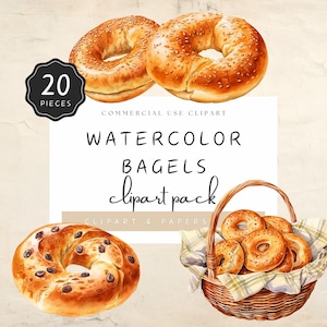 Clipart de bagel de acuarela, bagel de semillas de sésamo integral en exhibición, individual y en una canasta de mimbre, 20 PNG para creaciones digitales / UC005