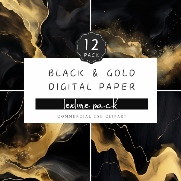 Black and Gold Digital Paper, Fancy Dark Background, Alcohol ink and Watercolor Wash Texture JPG, for Wedding Stationary and Crafts | UC401