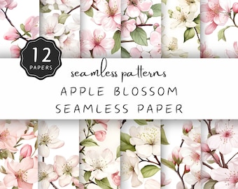 Apple Blossom Seamless Paper Watercolor JPG Spring Blossom Branches, Pink and White Floral Pattern for Commercial Printed Crafts | UC301
