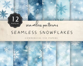 Seamless Snowflake Paper, Blue Digital Background jpg, White Snowflakes, Print on Paper or Fabric, Commercial Use | UC301