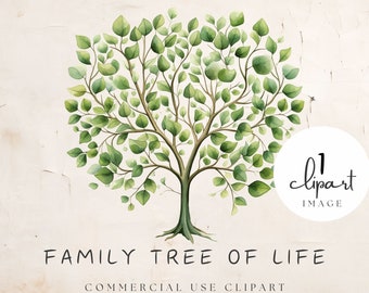 Family Tree of Life Clipart, Watercolor Illustration with Individual Leaves Roots, Sage Green for Wedding or School Craft Project | UC003