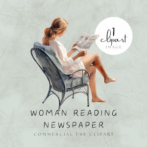Woman Reading Newspaper Clipart, Illustration for Poster, Cards, Watercolor PNG for Commercial Use, Blonde Girl with Bare Feet | UC022