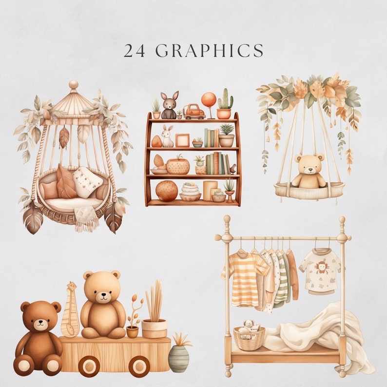 Boho Baby Nursery Clipart Neutral Baby Beige Green Bohemian Theme Cute ...