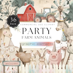 Party Farm Animals Clipart, Watercolor Birthday Bash for Kids, Party Pig, Tractor, Country Barn, Transparent Background, 36 Graphics | UC006
