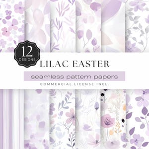 Papel digital lila de Pascua, patrón sin costuras de acuarela, morado pastel, floral, manchas, parches, rayas, para uso comercial y manualidades / UC301