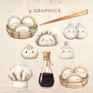 May include: Nine watercolor illustrations of various types of dumplings, including a bowl of dumplings, a bottle of soy sauce, and a chef's hat. The illustrations are in a cartoon style and have a light brown background.