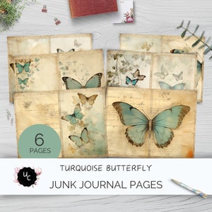 Schmetterling Junk Journal Seiten &quot;Türkis Schmetterling&quot; - Band 1 - 6 Stück bedruckbare Papiere, Vintage Pergament Papier Handwerk, 11 x 8,5 | UC502