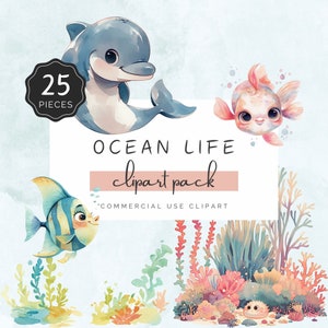 Pack de cliparts aquarelle vie océanique, joli lot d'étoiles de mer, requin, dauphin, algues pastel, hippocampe, 25 PNG pour sublimation artisanale DTF | UC207